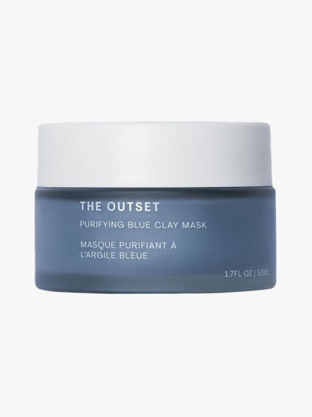 The Outset Purifying Blue Clay Mask in branded tub component on a light gray background