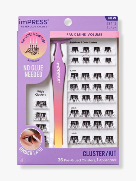 Kiss ImPress Multipack Pre-Glued Lash Clusters Kit purple box of lash clusters on light gray background